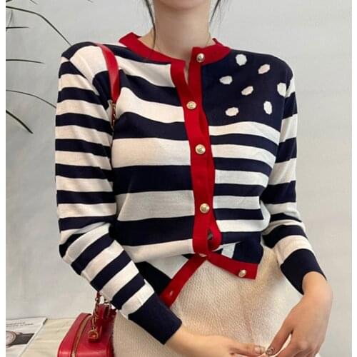 Kimutomo Elegant Cardigans Girls Sweet Colorblock Striped Dot O-neck Long Sleeve Knitted Tops Spring New Style Korean Chic 2021
