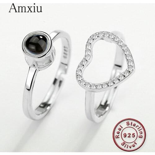 Amxiu Two-in-one Projection Ring 100 languages I love you 925 Sterling Silver Ring Adjustable Ring Heart Zircon Rings Open Ring