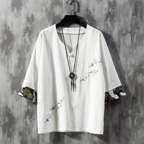 Summer Men Cotton Linen Blouse Short Sleeve T Shirt Chinese Traditional Clothes Male Hanfu Tang Suit Streetwear Tees Tops KK3391