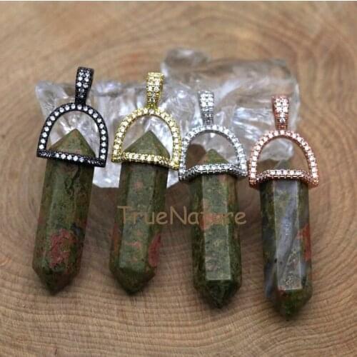 Micro CZ Paved Beads Cap Unakite Jaspers Double Terminated Petite Charm Natural Stone Jewelry Accessories In 45*10 mm PM7412