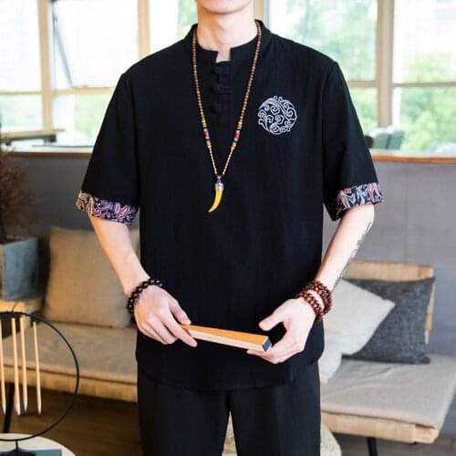 Men Traditional Chinese Embroidery Vintage T Shirt For Men Clothing Tee Tops Hanfu men T-Shirt Kung Fu Tai Chi Tang Suit KK3586