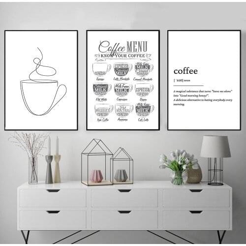 Nordic Coffee Guide Menu Wall Pictures Art Print Black White Simple Line Coffee Mug Canvas Painting Cafe Shop Poster Wall Decor
