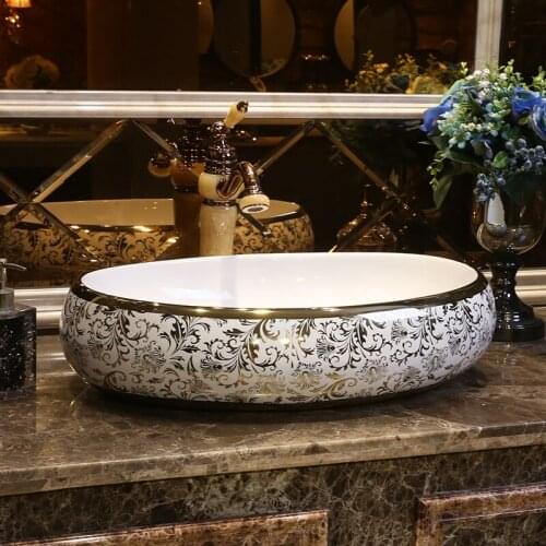 Oval gold chinese wash basin sink bathroom sink bowl countertop Ceramic wash basin bathroom sink painted sink