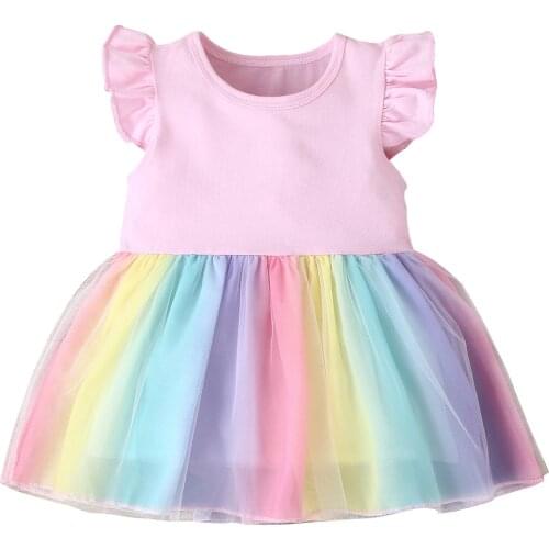Girls Dress 2021 Summer Fashion Girls Princess Dress Rainbow Color Short Sleeve Cotton Patchwork Girls Voile Tutu Dresses