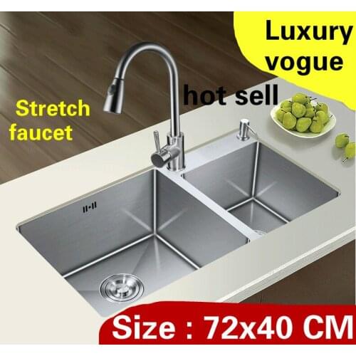 Free shipping Apartment kitchen manual sink double groove stretch faucet do the dishes 304 stainless steel hot sell 72x40 CM