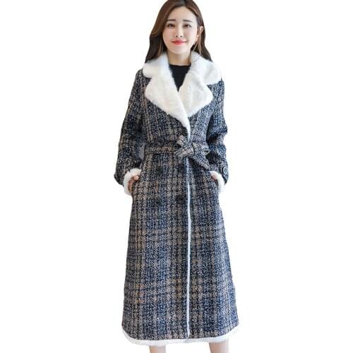 2019 new winter women fur warm jackets plaid slim sashes long turn down collar coats autumn female fashion trench outerwear