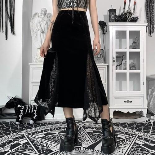 Ruibbit Goth Vintage Black Long Skirt Aesthetic Elegant Lace Patchwork Velvet Skirt Gothic Sexy Hight Wait Slit Party Skirt