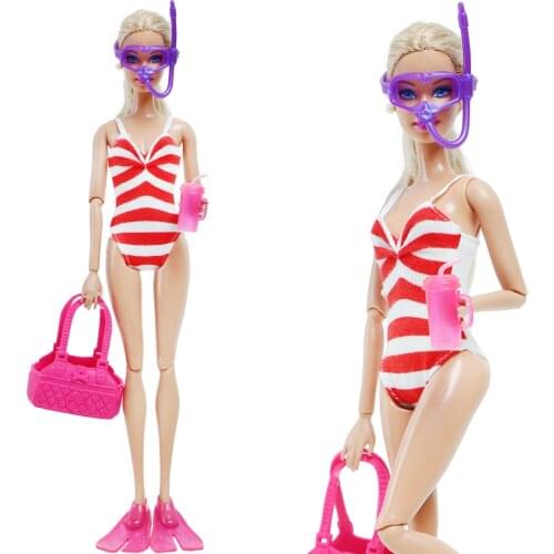 High Quality Girl Doll Outfits Bikini Summer Beach Diving Wear Swimsuit Bag Drink Shoes Clothes for Barbie Doll Accessories Toy