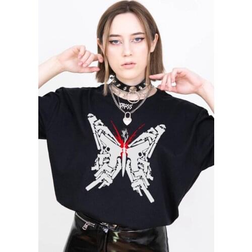 Женская футболка, свободная футболка в готическом панк, принт с механическими бабочками, винтажный укороченный топ Harajuku