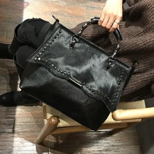 Lady winter novelty luxury rivet horse hair black top-handle handbag for female elegant brand design commute shoulder bag