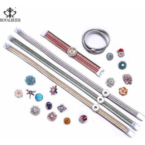 Royalbeier 1pc Multi-layer Bracelets 18mm Snap Buttons Genuine Leather Bracelet DIY Snap Jewelry Women Charms Bangle