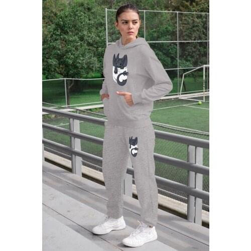 Angemiel Wear Baby Dragon Women Tracksuit Set Gray Hooded Sweatshirt Gray Sweatpants