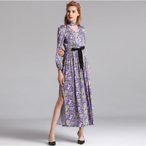 VERDEJULIAY Runway Autumn Dress Women 2020 Winter Fashion Vintage Flower V-Neck Print Belt Split Long Elegant Dress Vestidos
