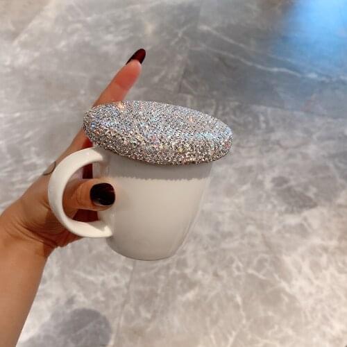 330mL Ceramic Cup with Rhinestone Cover Sparkling Coffee Cups Milk Tea Mugs Cute Personality Drinkware Breakfast Milk Bottle