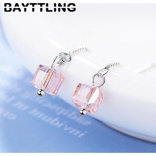 BAYTTLING 925 Sterling Silver 100MM Multicolor Square Crystal Tassel Long Drop Earrings For Women Fashion Wedding Jewelry Gifts