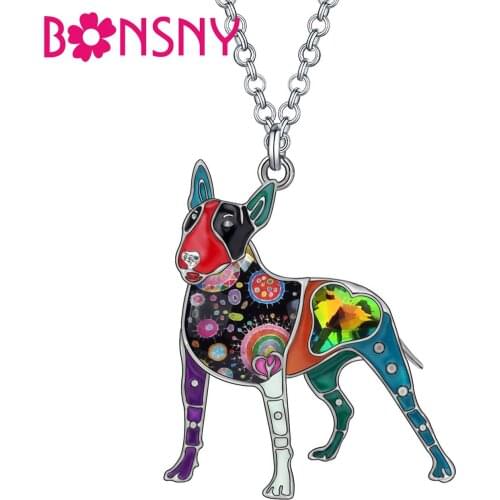 BONSNY Rhinestone Crystal Enamel Alloy Floral Bull Terrier Dogs Necklace Pendant Fashion Pets Jewelry For Women Girls Gifts