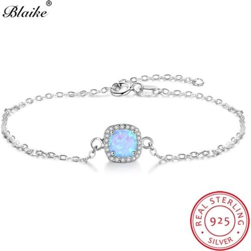 Blaike New Style Square Blue Fire Opal Bracelet Real 925 Sterling Silver White Crystal Zircon Link Chain Charm Bracelets Jewelry