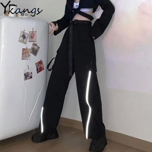 With Belt Reflective Oversize Cargo Pants Women Joggers Women Gothic Black Streetwear Trousers Korean Style Harajuku High Waist