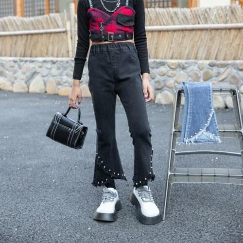 Black Jeans for Kids Girls 3 To 9 Years 2021 Summer Korean Childrens Clothing Casual Boot Cut Pants Blue Elastic Denim Trousers