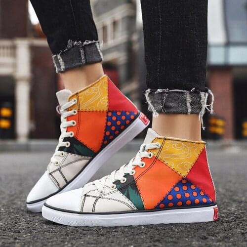 Hot Sale Men Sneakers Men Canvas Shoes Autumn Floral Print Fashion Solid Color Men Vulcanized Shoes Lace-up White Casual Shoes