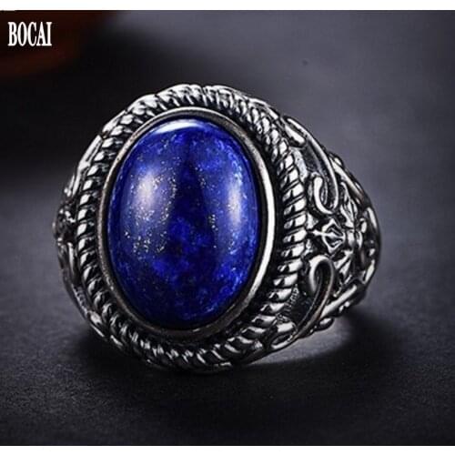 Retro court lapis lazuli ring for male personality 100% real 925 silver mens rings domineering simple index finger ring