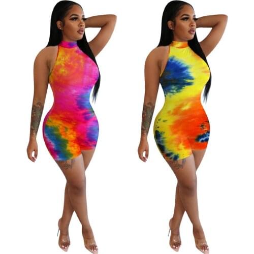 Adogirl Women Tie Dye Print Jumpsuit Sleeveless Short Bodycon Romper 2020 Sexy Club Party Streetwear Bodysuit One Piece Overalls