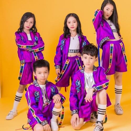 3-Pieces Purple Suit Boys Girls Dance Costume Hip Hop Dance Clothes Outfit Stage Performance Dance Wear Festival Outfit XS2661