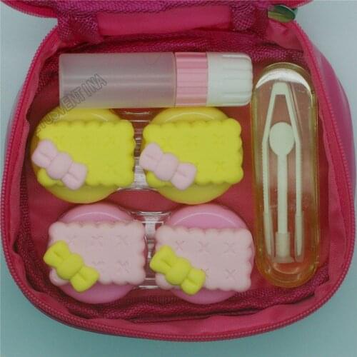 LIUSVENTINA Hot Sale DIY Resin Cute Biscuits Bowknot Combo Contact Lens Case Box Container for Color Lenses Gift for Girls