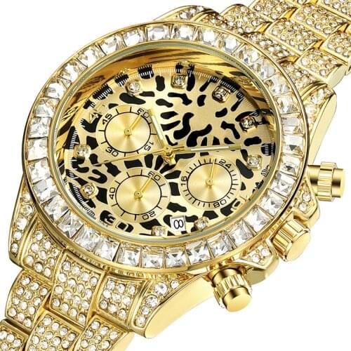 Fashion Leopard Mens Watches Luxury Brand Iced Out Quartz Stainless Steel Fully Diamond Watch For Man Gold Chronograph reloj