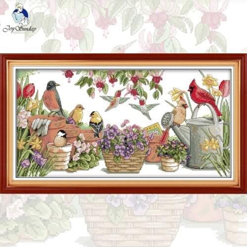 NKF Birds Gather In Garden Cross Stitch Sets 11CT 14CT Stampede Counted Cross Stitch Kit for Embroidery Needlework Home Decor