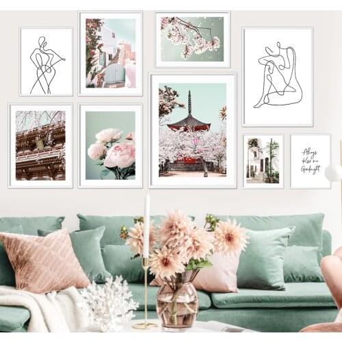 Pink Sakura Japanese Temple Terrace Plant Wall Art Canvas Painting Nordic Posters And Prints Wall Pictures For Living Room Decor