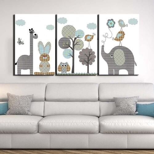 3 Pieces Nordic Canvas Prints Poster Cute Animals Wall Art Painting Giraffe Elephant Birds Cartoon Pictures Child Room Decor