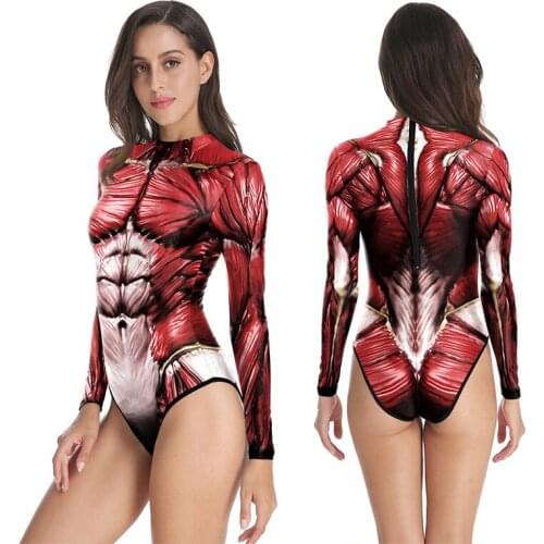 2021 New European and American Summer Fashion Muscle Print Long Womens Sleeves Back Zipper One-piece Slimming Ladies Swimsuit