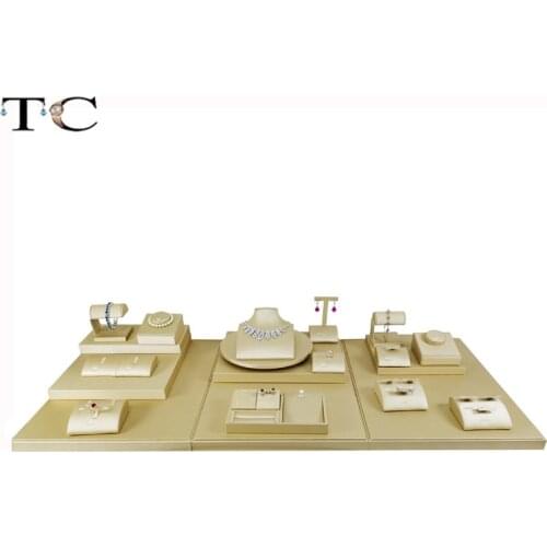 New Gold PU Ring Earring Necklace Bracelet Display Organizer Holder Stand Jewelry Store Counter Shiowcase Kit