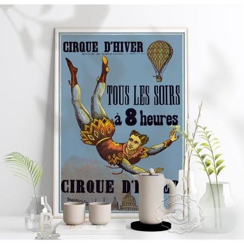 French Circus Vaudeville Cirque D'Hiver Poster, A Man Flying The Air Beneath A Balloon Art Prints, Vintage Nostalgic Home Decor