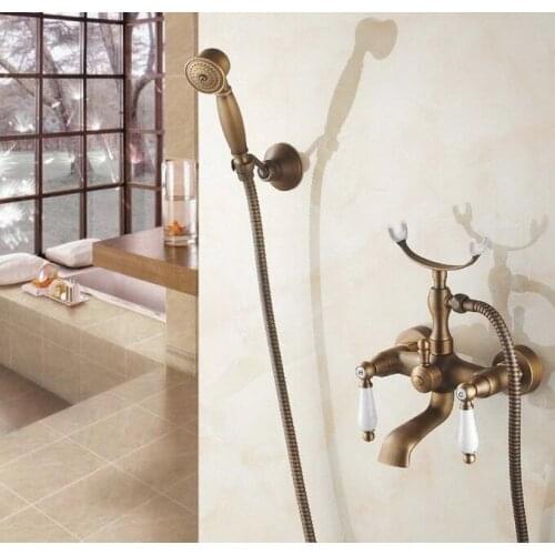 Bathtub Faucet Clawfoot Bath Tub Filler Mixer Tap Set Hand Shower with Bracket Holder Antique Brass Dual Ceramics Handle atf157