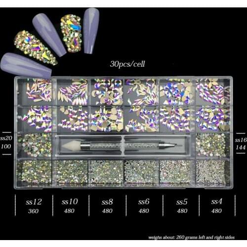Swarovsky 24 Grid Nail Art Rhinestone Set Multi Shape Crystal Flatback Non Hotfix Glass Fancy Nail Decoration