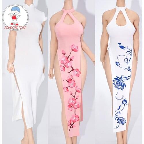 TBLeague 1/6 Female Sexy black sling low-cut dress white halter-neck open chest high slit dress for 12" large breast action doll