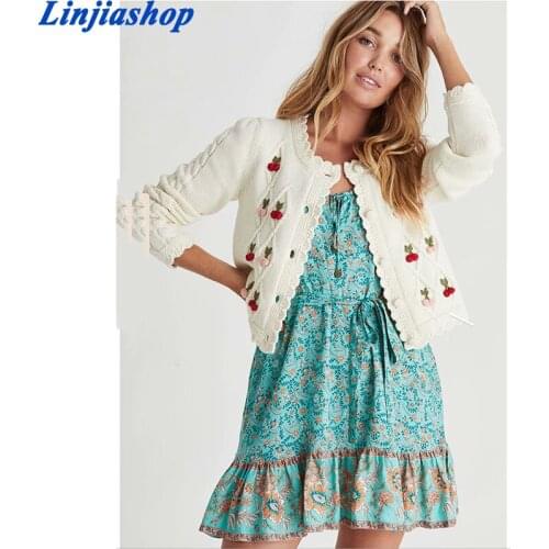Vintage womens sweater cute white pull femme clothes women cardigan chic cherry appliques knitted cardigan