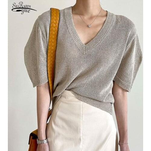 2021 Plus Size White Tee Woman Tops Korean Loose Lantern Short Sleeve V-neck Linen Knitted Shirt Casual Tops Blusas Women 15750