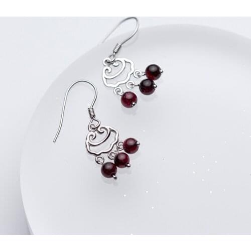 MloveAcc Genuine 100% 925 Sterling Silver Ethnic Longevity Lock Garnet Beads Drop Earrings Women Sterling Silver Earrings