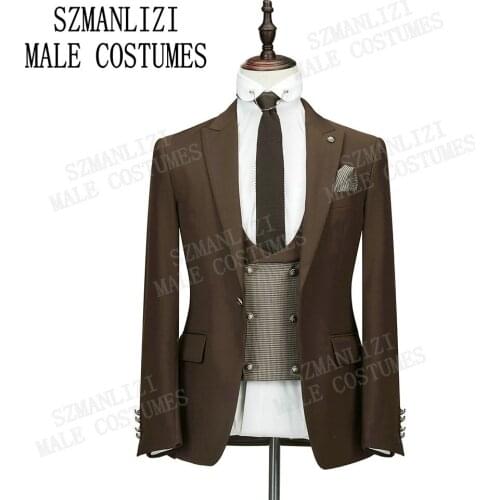 2020 Fashion Brown Peaked Lapel Men Wedding Groom Suits Prom Bridegroom Tuxedo suit Gentleman 3 Pieces Business Casual Men Suits