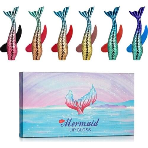 6Pcs/Set Mermaid Lip Glaze Set Long Lasting Lip Gloss Suit Waterproof Non-marking Lip Tint Cosmetics Female Korean Makeup TSLM1