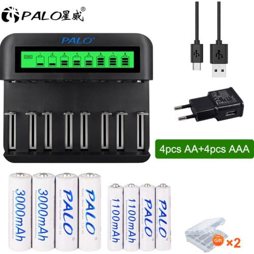 PALO 4-8pcs AA rechargeable battery batteria + AAA battery Ni-MH 1.2V batteries with LCD display charger for aa aaa battery