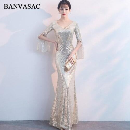 BANVASAC Elegant V Neck Pleat Mermaid Long Evening Dresses Sequined Half Sleeve Zipper Backless Party Prom Gowns