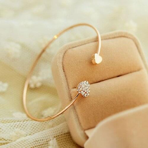 Adjustable Crystal Double Heart Bow Bilezik Cuff Opening Bracelet Hot New Fashion Women Jewelry Gift Mujer Pulseras