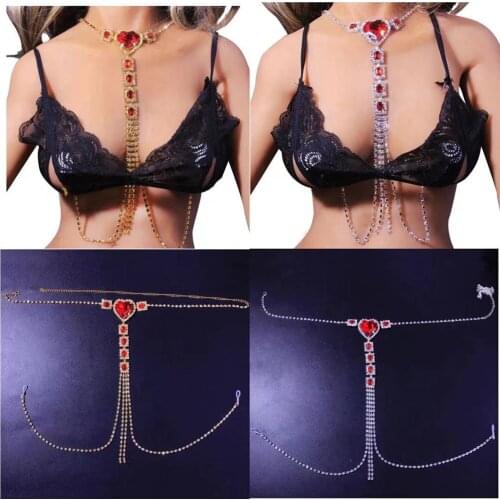 Luxury Rhinestone Big Red Heart Nipple Chain Body Non Piercing Jewelry for Women Crystal Sexy Lingerie Chest Body Chain Necklace