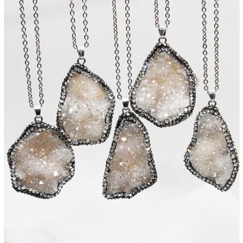 Druzy Cluster Electroplated With Crystal Necklace Shiny Color Natural Raw Quartz Necklace DIY Charm