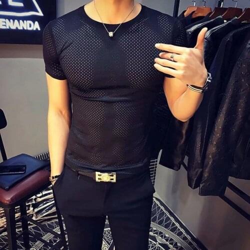 Size 5Xl 2021 New Mens Sexy Transparent Mesh T-Shirts Male Short Sleeve Hollow Out Summer Casual Fitness Tee Tops Plus