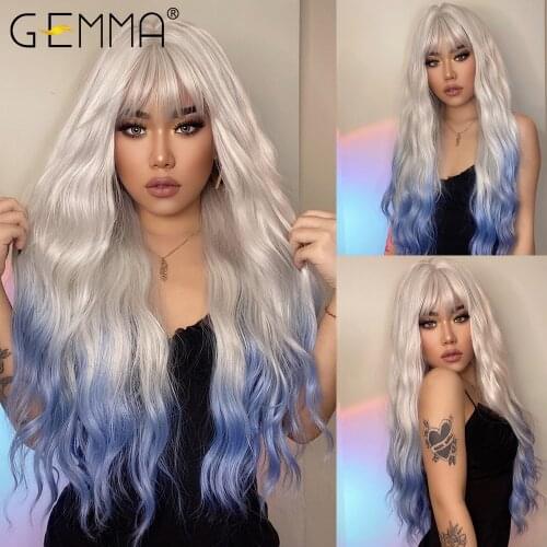 GEMMA Cosplay Wig Long Water Wave Synthetic Wigs with Bangs for Women Omber White Blue Party Wig High Temperature Fiber Hair